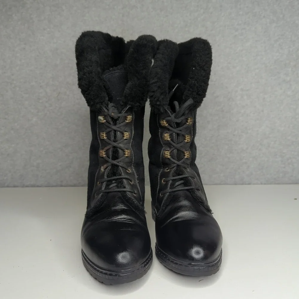 Vintage Italian Black Leather‎ Lace Up Tall Winter Boots Faux Fur Women's 8